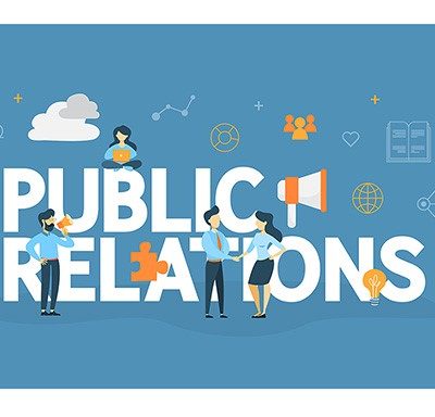 The word public relations on a blue background.