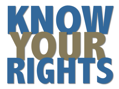 Text graphic that reads "know your rights" in blue and brown block letters with a shadow effect on a transparent background.