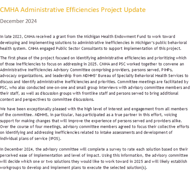 A document titled "CMHA Administrative Efficiencies Project Update" dated December 2024, discussing efficiency plans and progress in administrative operations.