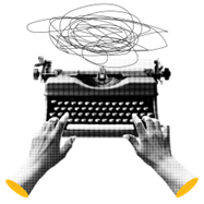 Hands typing on a vintage typewriter with a scribble above, symbolizing creativity or confusion.