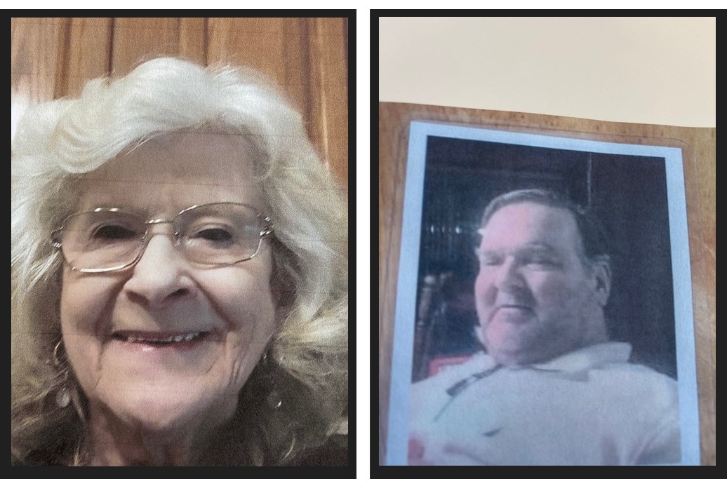 Side-by-side images; left shows an older woman with white hair and glasses smiling, right shows a printed photograph of a middle-aged man with short hair, wearing a light shirt.