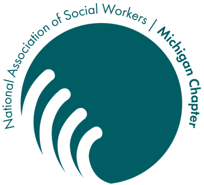 Logo of the National Association of Social Workers Michigan Chapter, featuring a teal circular design with stylized arcs and text encircling the top right.