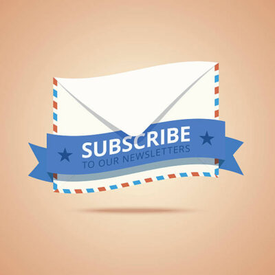 Illustration of an envelope with a blue ribbon displaying the text "Subscribe to our newsletters" on a beige background.