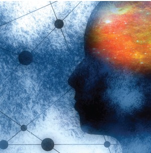 Silhouette of a human head with a colorful, galaxy-like pattern in the brain area, overlaid on a blue background with connected black dots.