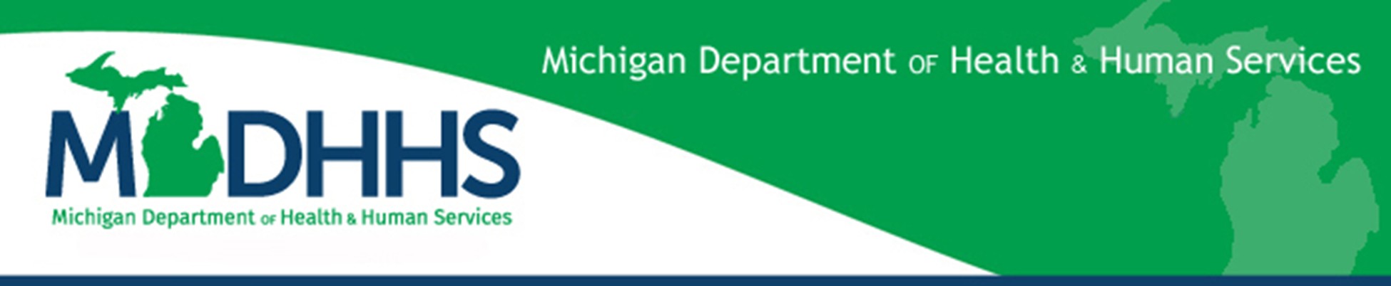 Michigan Department of Health & Human Services logo and text, featuring a green background with a map outline of Michigan on the right.