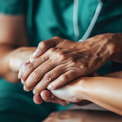 A healthcare worker in scrubs gently holds a patient's hand, conveying support and reassurance.