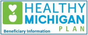 Healthy Michigan Plan logo with a heart over an apple icon on the left and the text "Healthy Michigan Plan Beneficiary Information" on the right.
