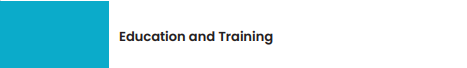 A blue rectangle on the left and the text “Education and Training” in black on a white background.
