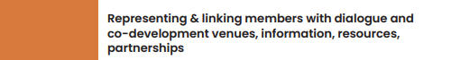 Text reads: “Representing & linking members with dialogue and co-development venues, information, resources, partnerships” next to an orange vertical bar.